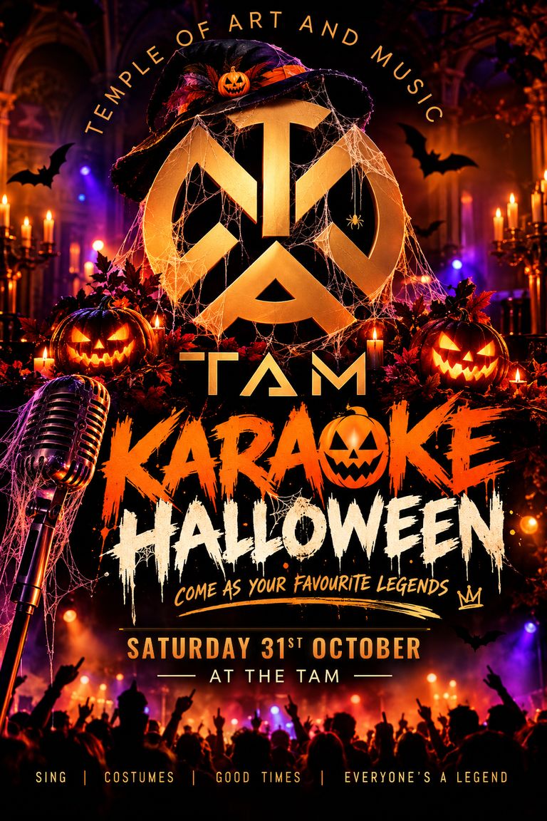 Karaoke Halloween poster: the gold TAM logo in a witch's hat with cobwebs, candles and jack-o'-lanterns, Saturday 31st October at the TAM